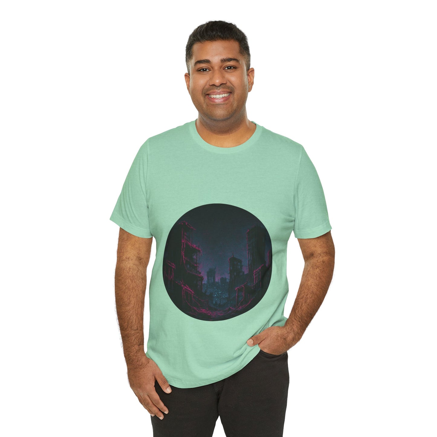 Urban Decay, Neon Dreams Tee - Unisex Short Sleeve Shirt, Modern Graphic Tee, Streetwear, Casual Outfit, Gift for Art Lovers, Cityscape Design