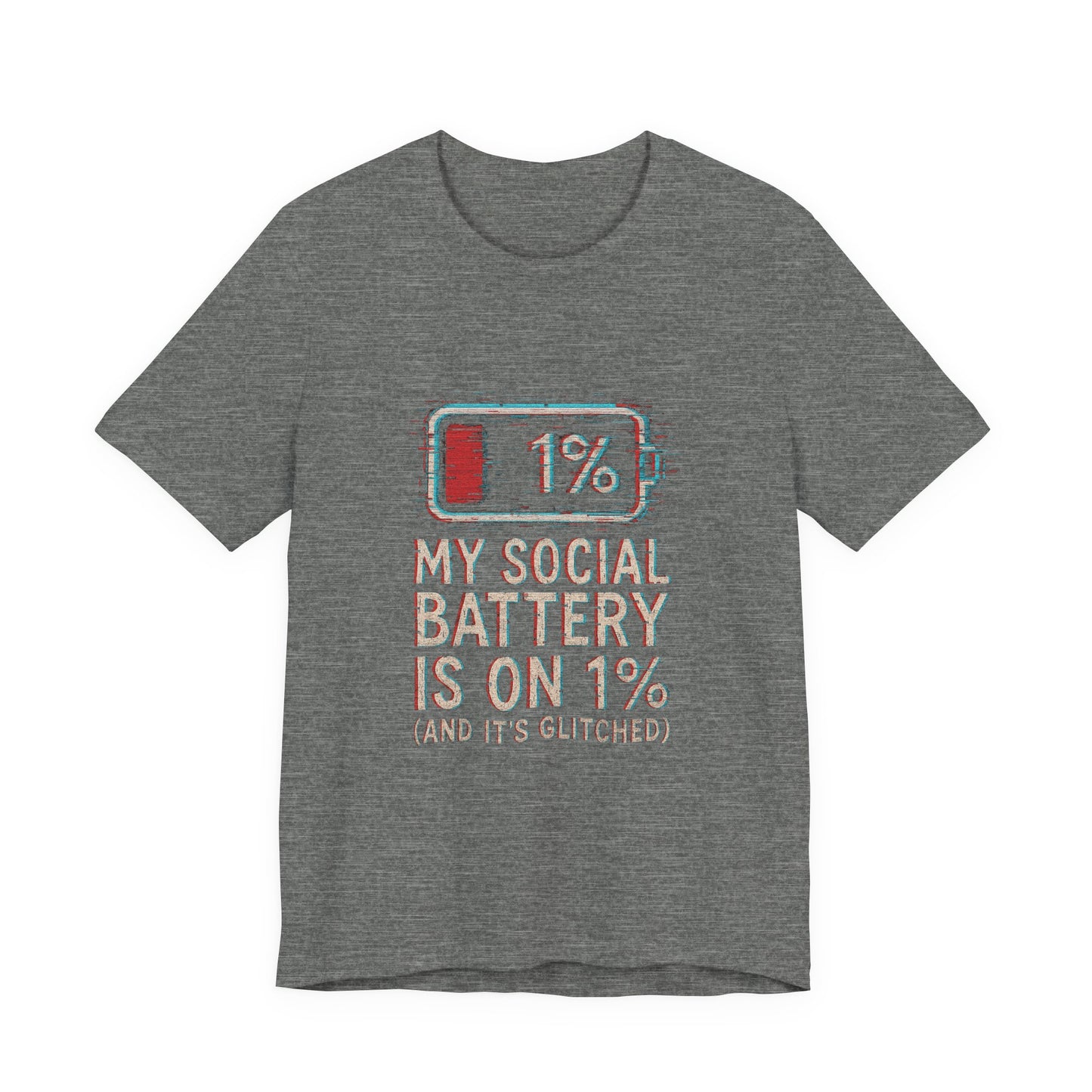 Glitched Social Battery Sleeve Tee , Unisex - Funny Graphic T-Shirt for Gamers, Gifting, Humor, Relaxation, Everyday Wear