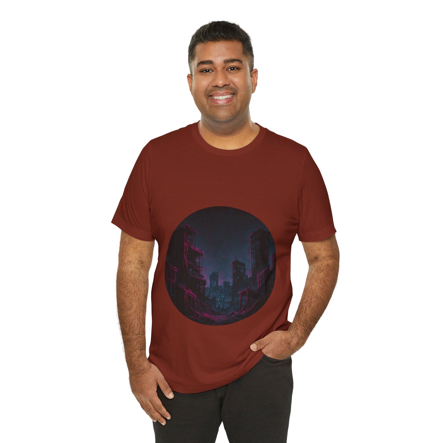 Urban Decay, Neon Dreams Tee - Unisex Short Sleeve Shirt, Modern Graphic Tee, Streetwear, Casual Outfit, Gift for Art Lovers, Cityscape Design