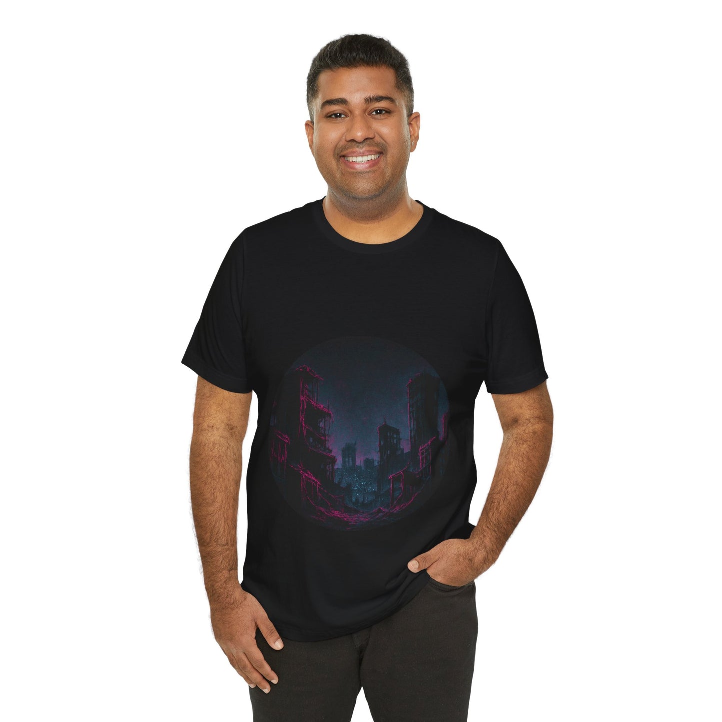 Urban Decay, Neon Dreams Tee - Unisex Short Sleeve Shirt, Modern Graphic Tee, Streetwear, Casual Outfit, Gift for Art Lovers, Cityscape Design