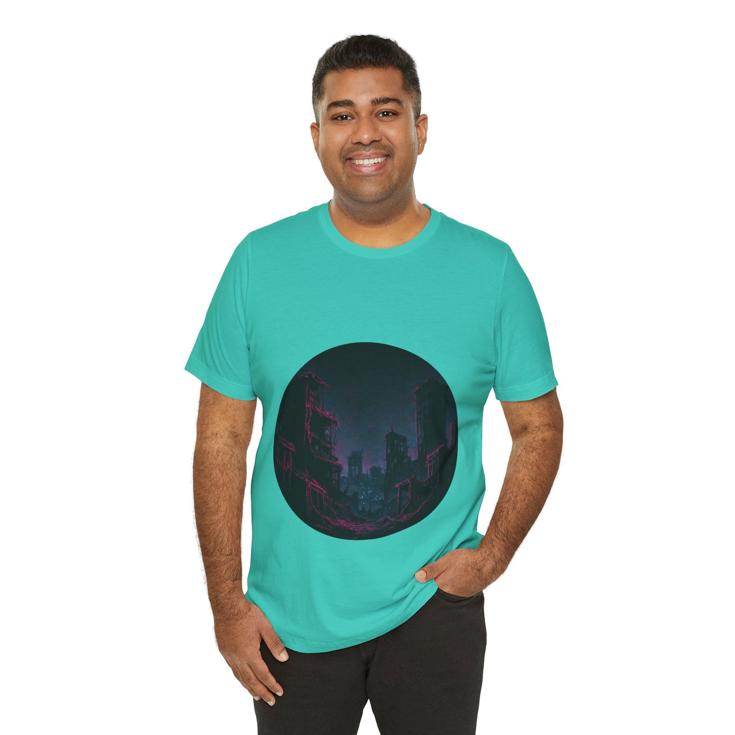 Urban Decay, Neon Dreams Tee - Unisex Short Sleeve Shirt, Modern Graphic Tee, Streetwear, Casual Outfit, Gift for Art Lovers, Cityscape Design