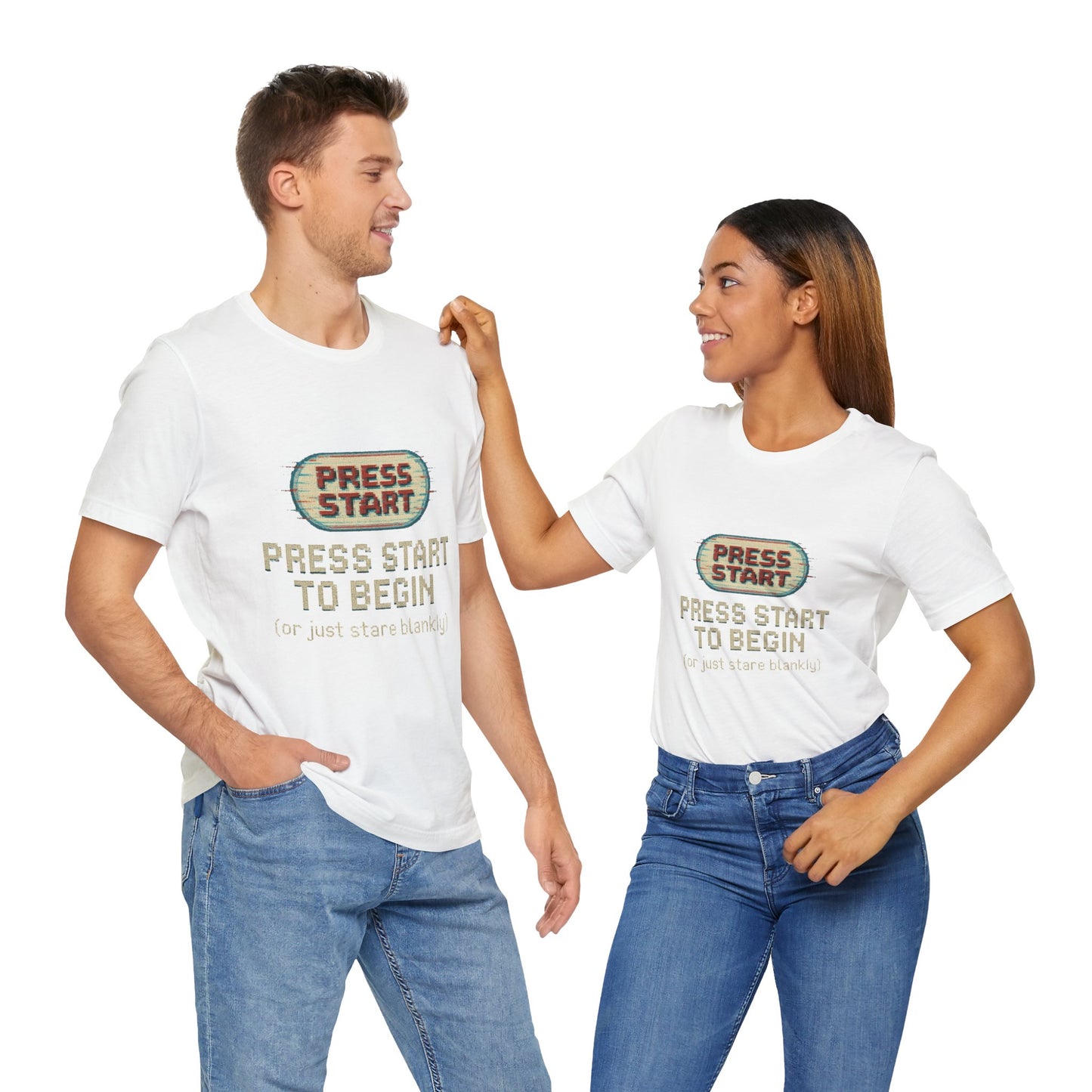 Press Start (or Stare) Unisex Tee, Gamer Shirt, Video Game Gift, Retro Gaming Top, Casual Wear, Fun Graphic T-Shirt