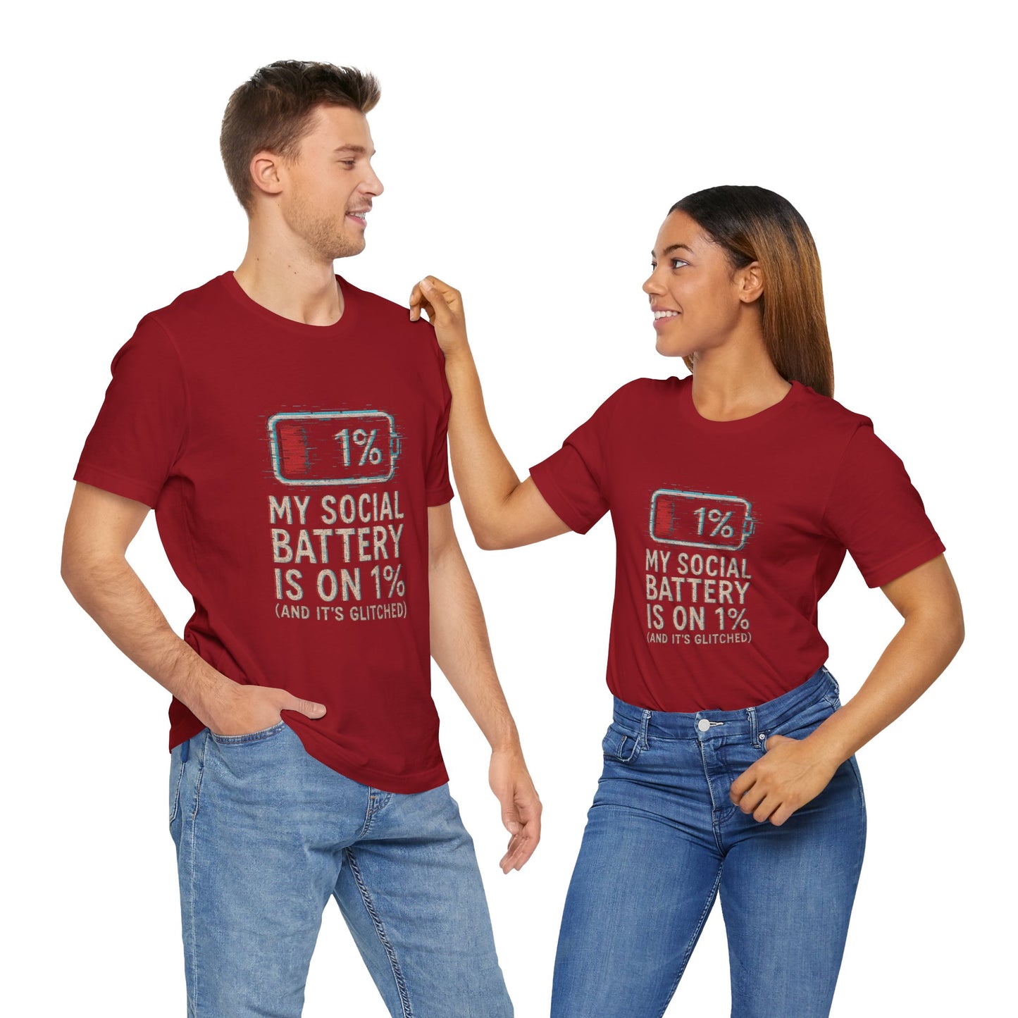 Glitched Social Battery Sleeve Tee , Unisex - Funny Graphic T-Shirt for Gamers, Gifting, Humor, Relaxation, Everyday Wear