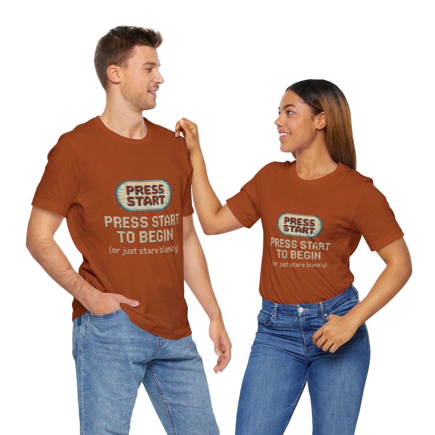 Press Start (or Stare) Unisex Tee, Gamer Shirt, Video Game Gift, Retro Gaming Top, Casual Wear, Fun Graphic T-Shirt