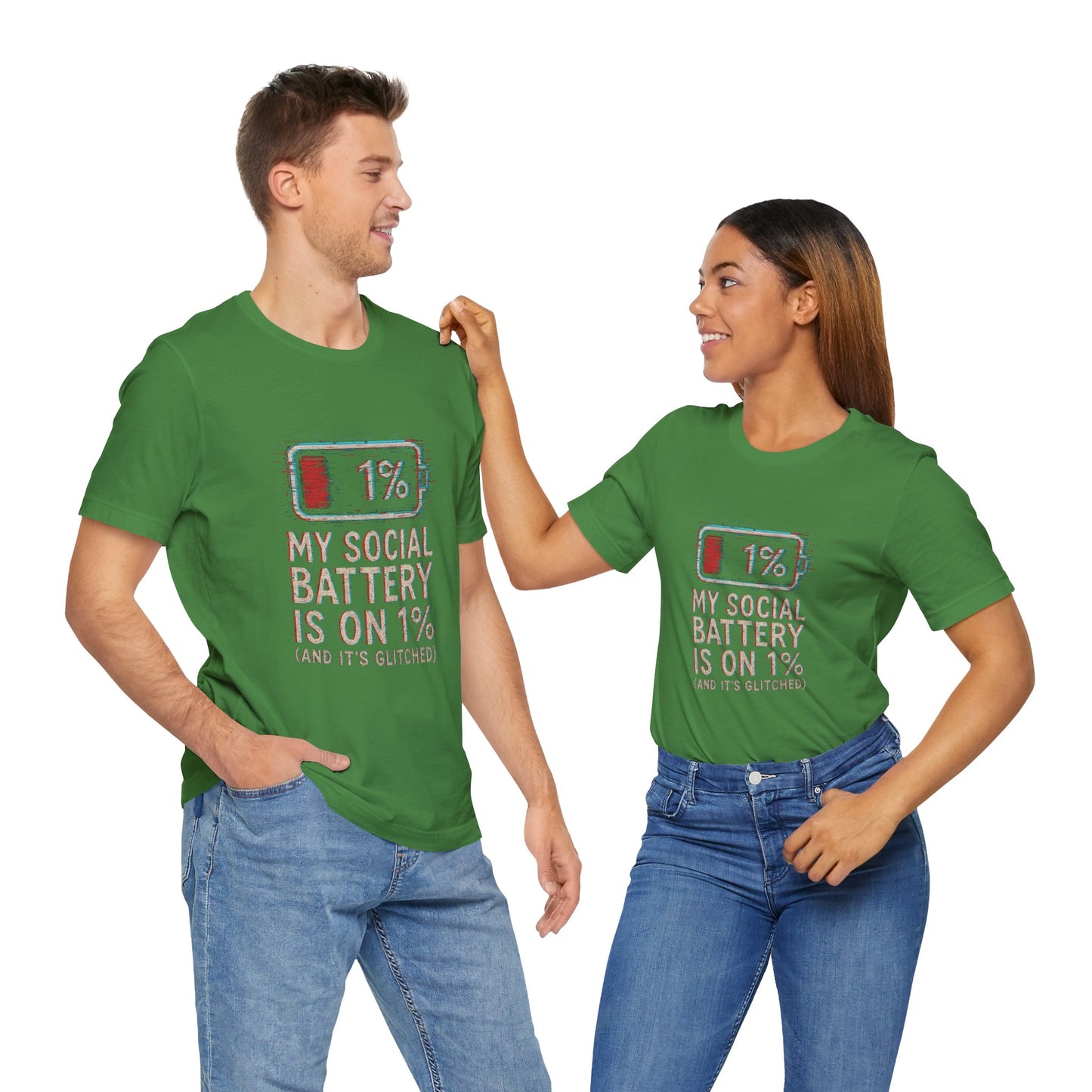 Glitched Social Battery Sleeve Tee , Unisex - Funny Graphic T-Shirt for Gamers, Gifting, Humor, Relaxation, Everyday Wear