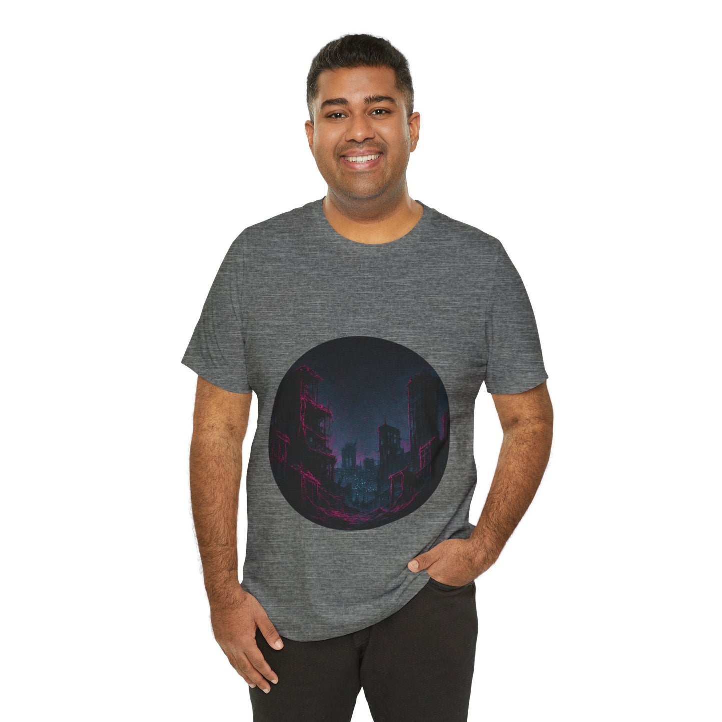 Urban Decay, Neon Dreams Tee - Unisex Short Sleeve Shirt, Modern Graphic Tee, Streetwear, Casual Outfit, Gift for Art Lovers, Cityscape Design