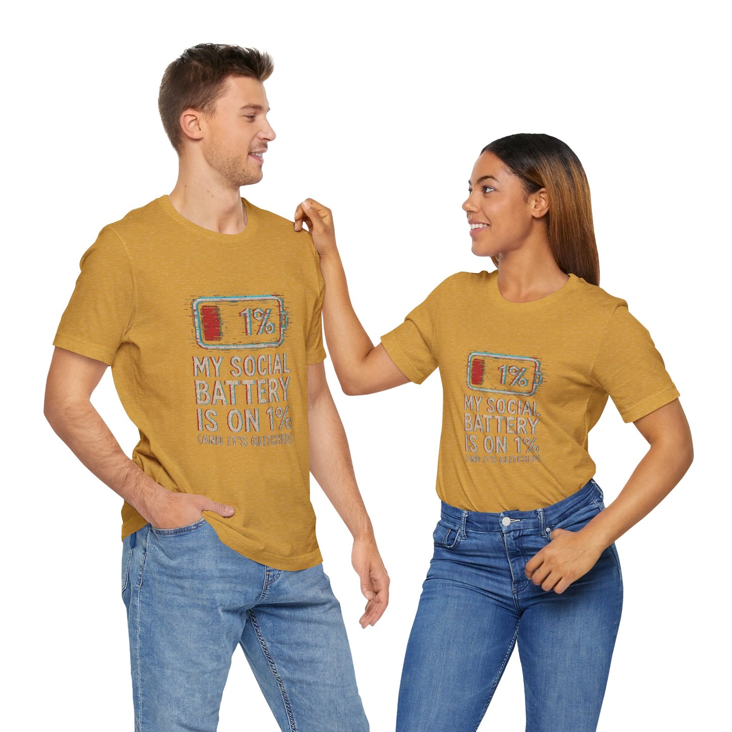 Glitched Social Battery Sleeve Tee , Unisex - Funny Graphic T-Shirt for Gamers, Gifting, Humor, Relaxation, Everyday Wear