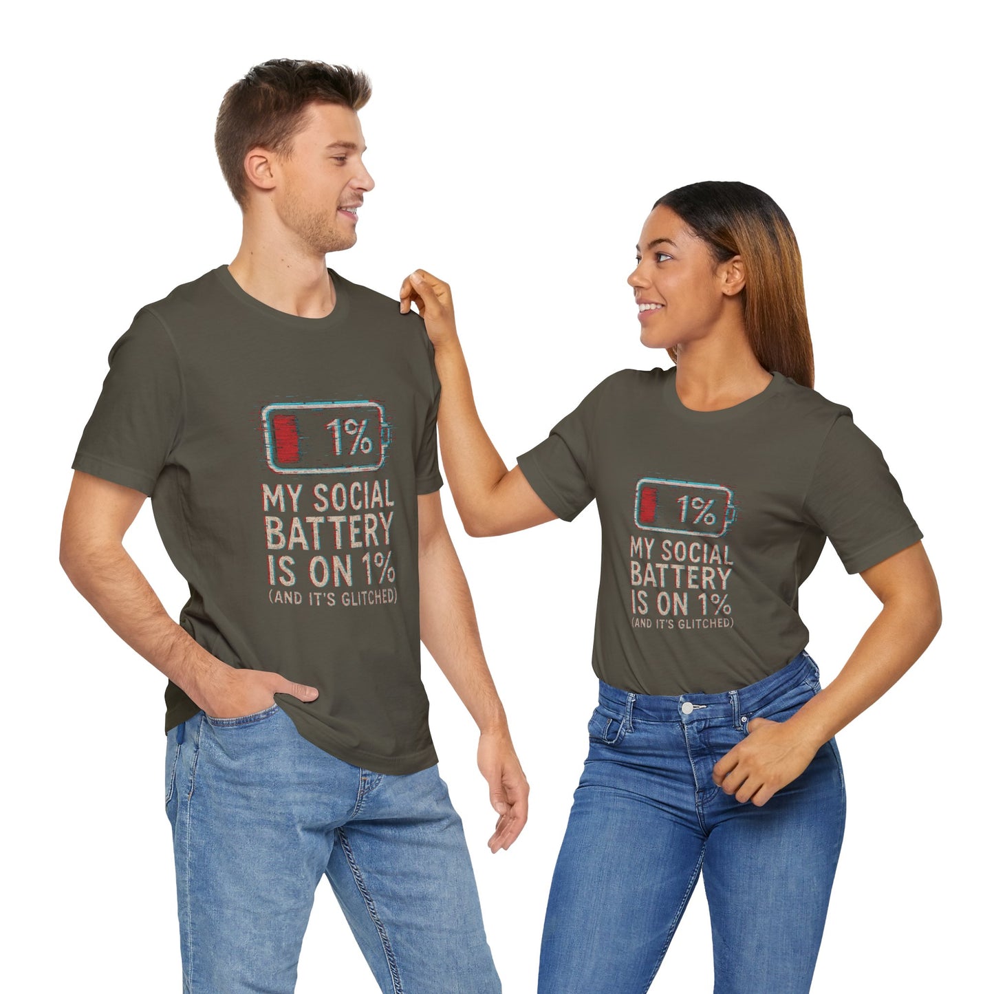 Glitched Social Battery Sleeve Tee , Unisex - Funny Graphic T-Shirt for Gamers, Gifting, Humor, Relaxation, Everyday Wear