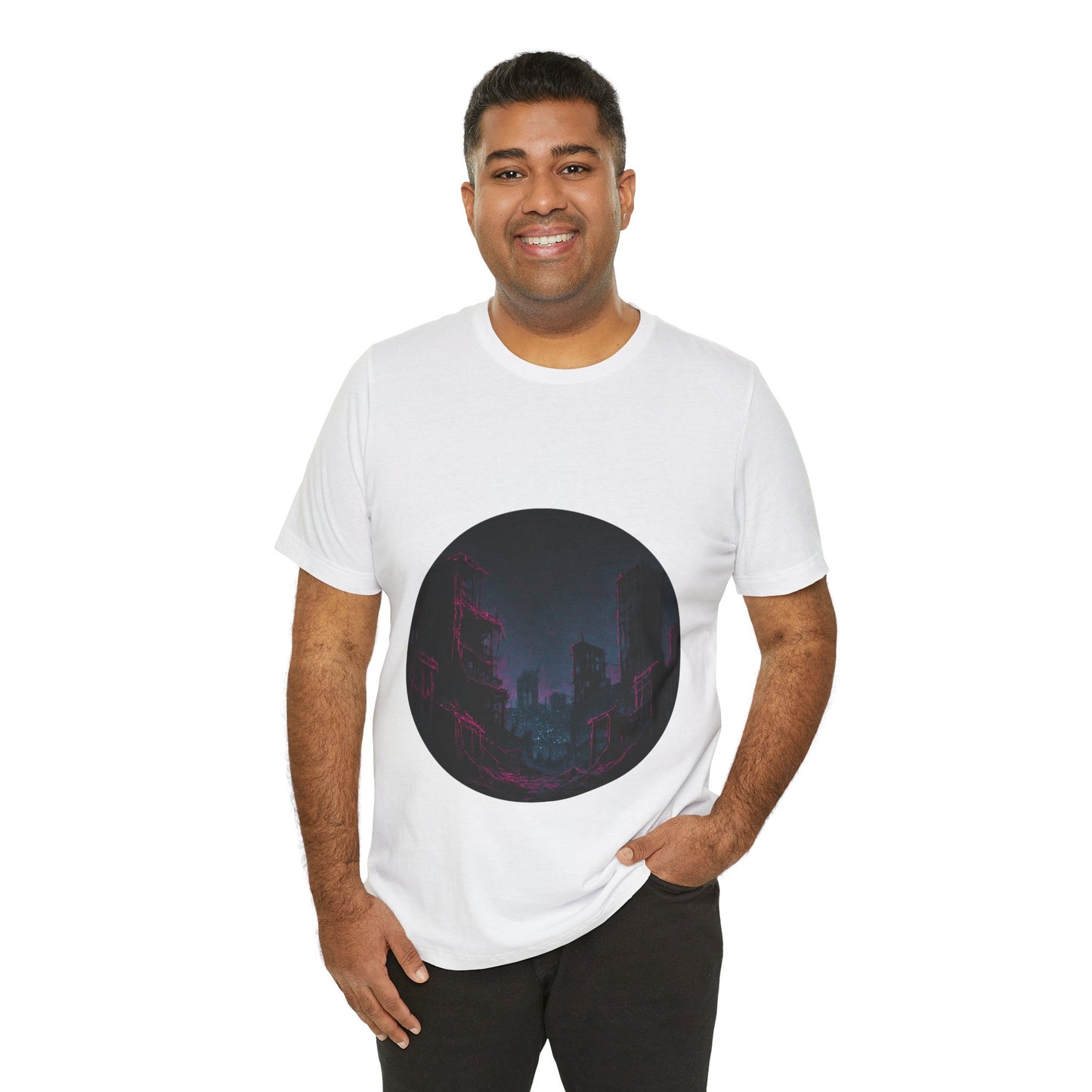 Urban Decay, Neon Dreams Tee - Unisex Short Sleeve Shirt, Modern Graphic Tee, Streetwear, Casual Outfit, Gift for Art Lovers, Cityscape Design