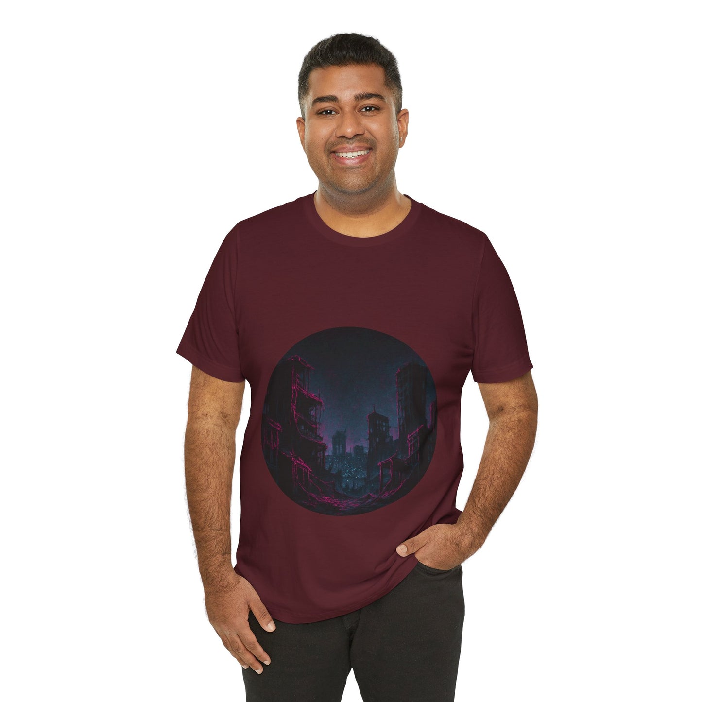 Urban Decay, Neon Dreams Tee - Unisex Short Sleeve Shirt, Modern Graphic Tee, Streetwear, Casual Outfit, Gift for Art Lovers, Cityscape Design