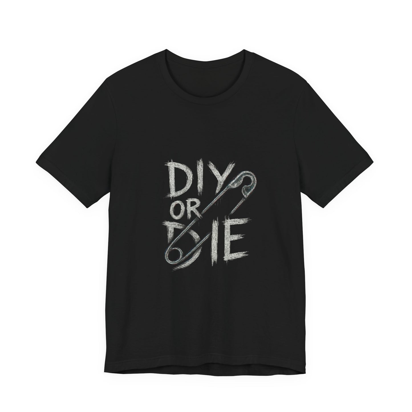 Punk Tee with Hand-Drawn Text and Glitched Safety Pin
