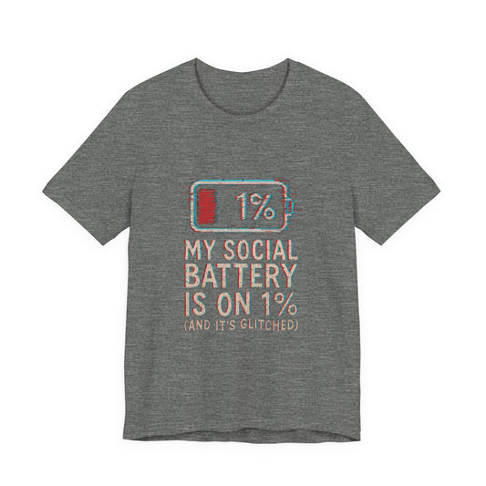 Glitched Social Battery Sleeve Tee  , Unisex - Funny Graphic T-Shirt for Gamers, Gifting, Humor, Relaxation, Everyday Wear