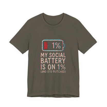 Glitched Social Battery Sleeve Tee  , Unisex - Funny Graphic T-Shirt for Gamers, Gifting, Humor, Relaxation, Everyday Wear