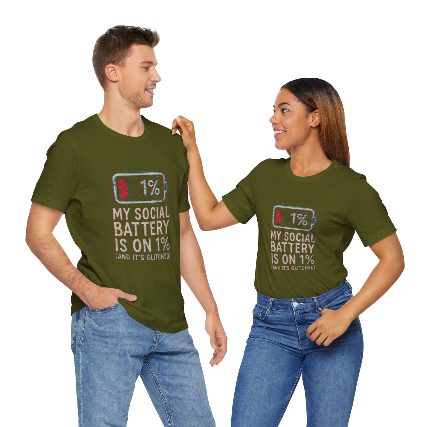 Glitched Social Battery Sleeve Tee  , Unisex - Funny Graphic T-Shirt for Gamers, Gifting, Humor, Relaxation, Everyday Wear