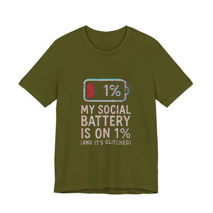 Glitched Social Battery Sleeve Tee  , Unisex - Funny Graphic T-Shirt for Gamers, Gifting, Humor, Relaxation, Everyday Wear