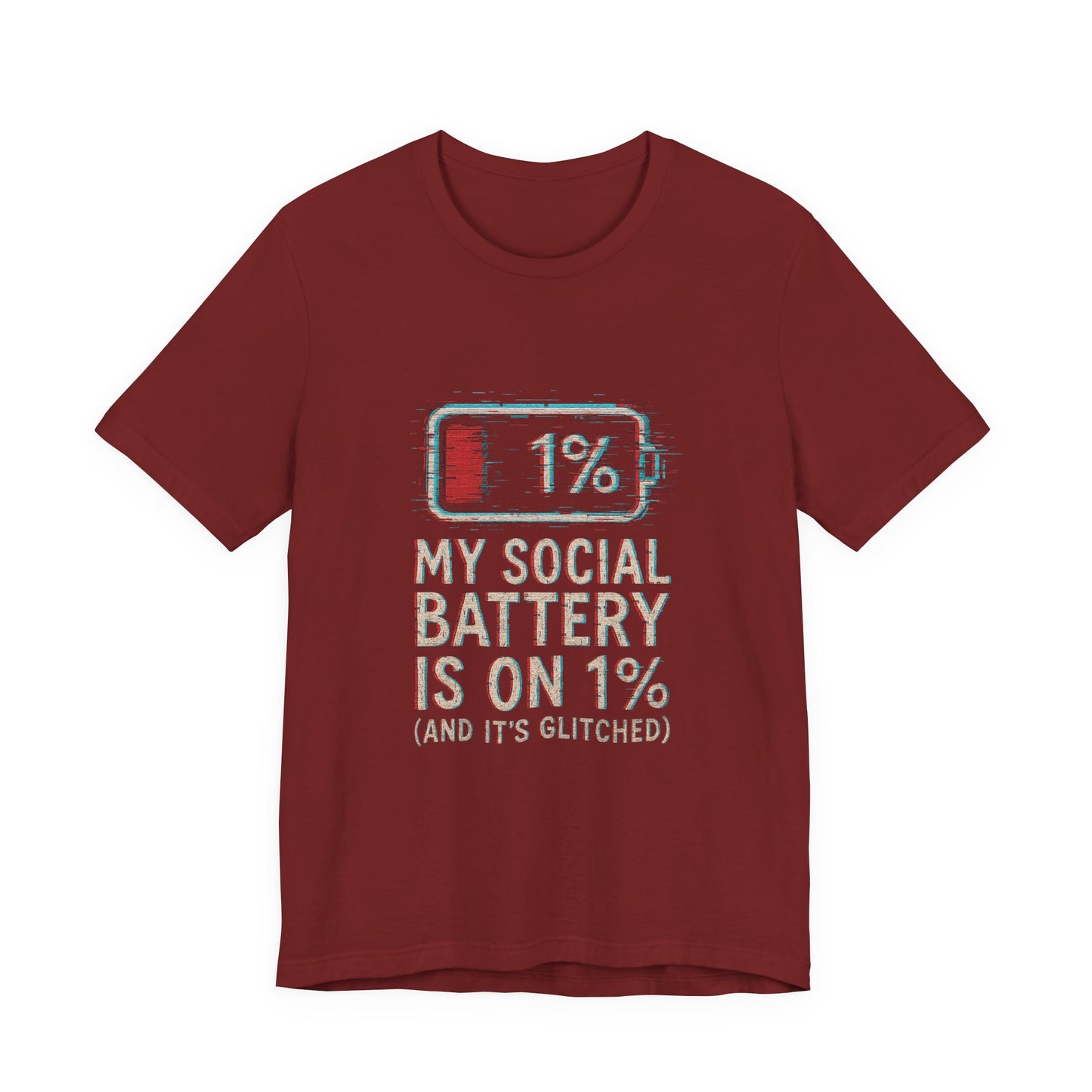 Glitched Social Battery Sleeve Tee  , Unisex - Funny Graphic T-Shirt for Gamers, Gifting, Humor, Relaxation, Everyday Wear