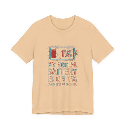 Glitched Social Battery Sleeve Tee  , Unisex - Funny Graphic T-Shirt for Gamers, Gifting, Humor, Relaxation, Everyday Wear