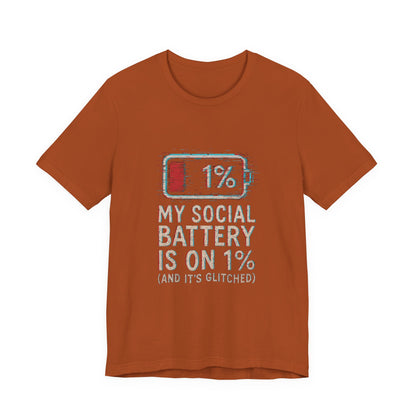 Glitched Social Battery Sleeve Tee  , Unisex - Funny Graphic T-Shirt for Gamers, Gifting, Humor, Relaxation, Everyday Wear