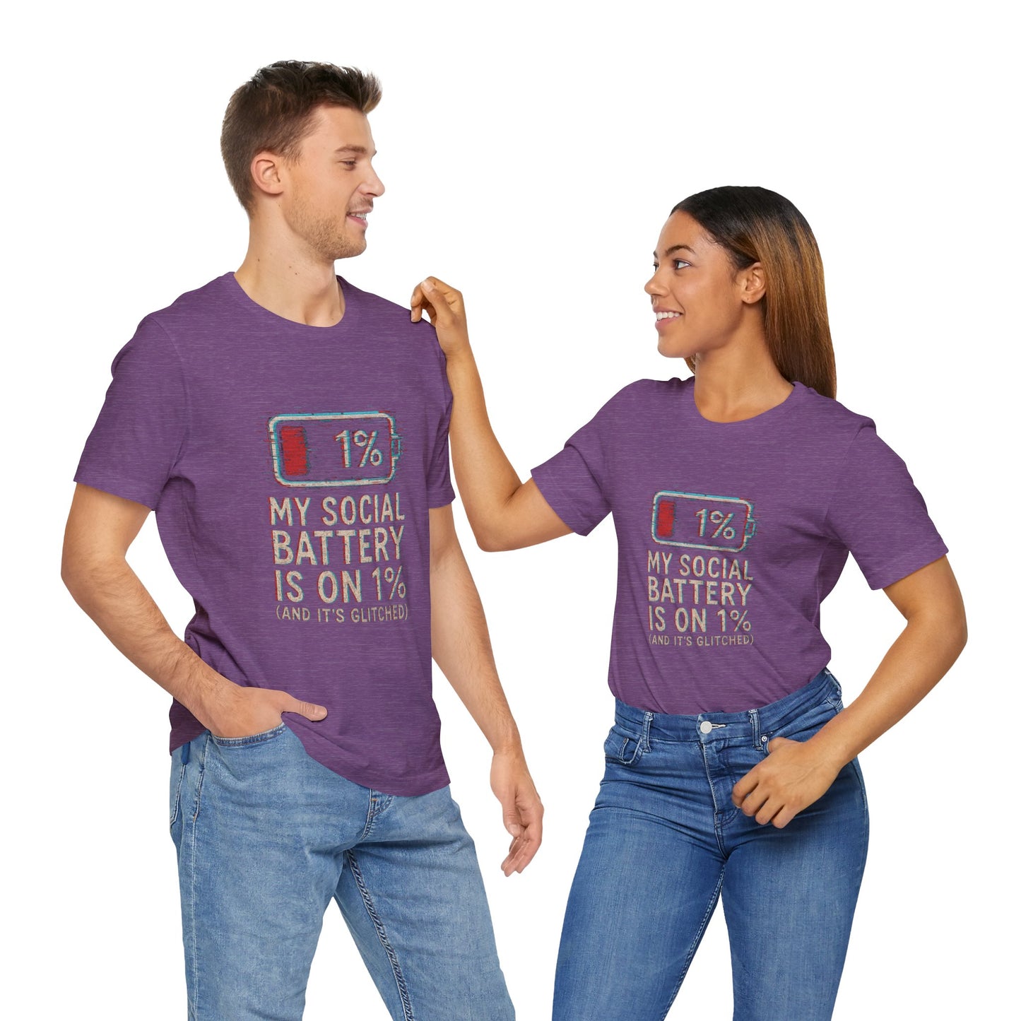 Glitched Social Battery Sleeve Tee  , Unisex - Funny Graphic T-Shirt for Gamers, Gifting, Humor, Relaxation, Everyday Wear