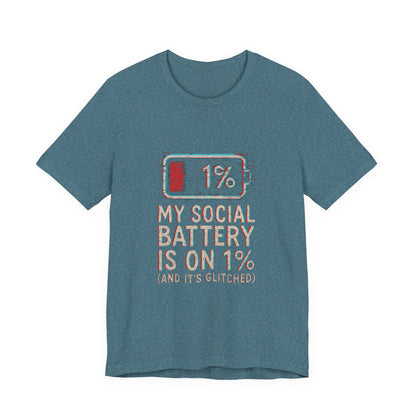 Glitched Social Battery Sleeve Tee  , Unisex - Funny Graphic T-Shirt for Gamers, Gifting, Humor, Relaxation, Everyday Wear