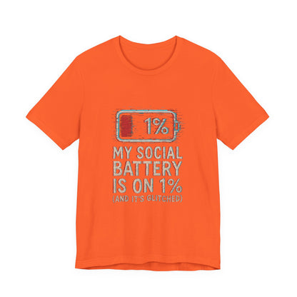 Glitched Social Battery Sleeve Tee  , Unisex - Funny Graphic T-Shirt for Gamers, Gifting, Humor, Relaxation, Everyday Wear