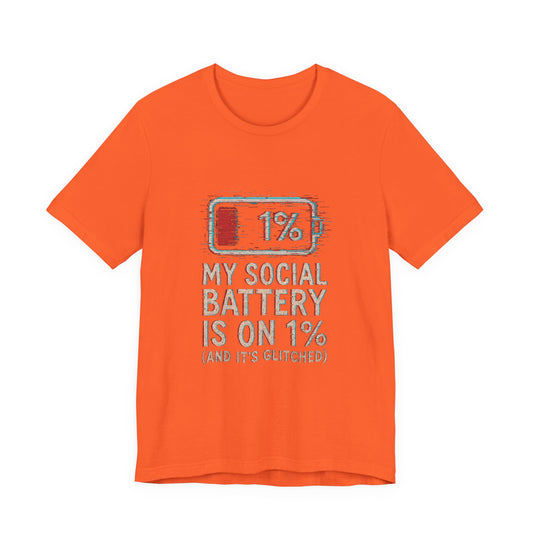 Glitched Social Battery Sleeve Tee  , Unisex - Funny Graphic T-Shirt for Gamers, Gifting, Humor, Relaxation, Everyday Wear