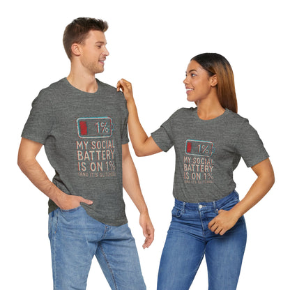 Glitched Social Battery Sleeve Tee  , Unisex - Funny Graphic T-Shirt for Gamers, Gifting, Humor, Relaxation, Everyday Wear