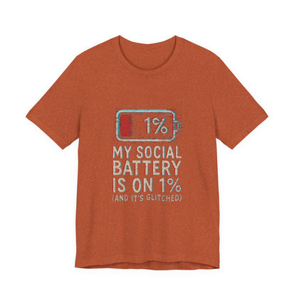 Glitched Social Battery Sleeve Tee  , Unisex - Funny Graphic T-Shirt for Gamers, Gifting, Humor, Relaxation, Everyday Wear