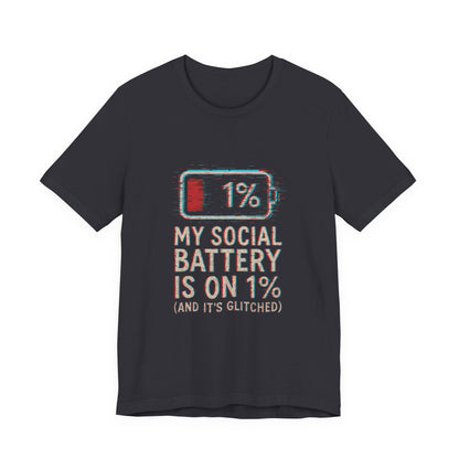 Glitched Social Battery Sleeve Tee  , Unisex - Funny Graphic T-Shirt for Gamers, Gifting, Humor, Relaxation, Everyday Wear