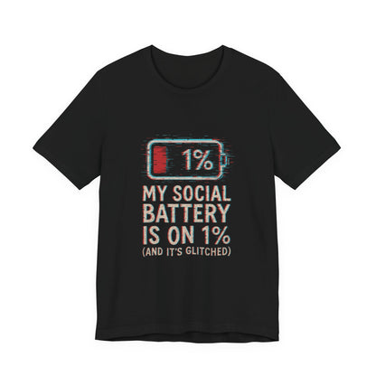 Glitched Social Battery Sleeve Tee  , Unisex - Funny Graphic T-Shirt for Gamers, Gifting, Humor, Relaxation, Everyday Wear