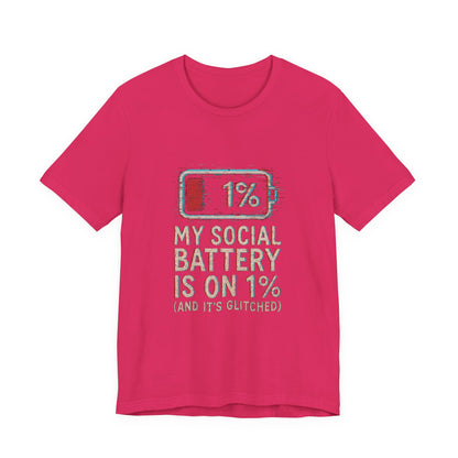 Glitched Social Battery Sleeve Tee  , Unisex - Funny Graphic T-Shirt for Gamers, Gifting, Humor, Relaxation, Everyday Wear